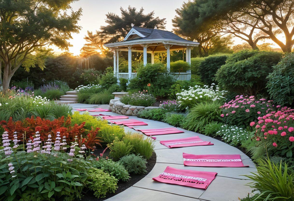 A serene landscape featuring a vibrant sunrise illuminating a peaceful garden, symbolizing hope and growth; a diverse group of individuals engaging in wellness activities like yoga, meditation, and nurturing plants, embodying resilience and support; soft colors to evoke calmness and strength; a ribbon entwined with flowers representing the fight against cancer. super-realistic. warm colors. lush greenery.