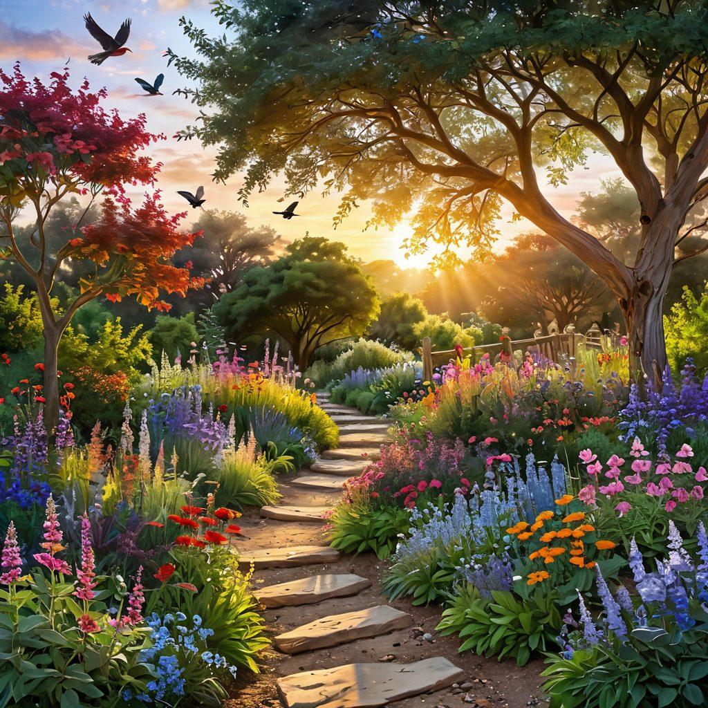 A serene landscape featuring a calm path through a vibrant garden filled with various healing herbs and flowers, symbolizing hope and choice. Include a wise tree with sprawling branches and colorful birds, suggesting guidance and support. A gentle sunrise in the background represents new beginnings and empowerment. super-realistic. vibrant colors. peaceful atmosphere.