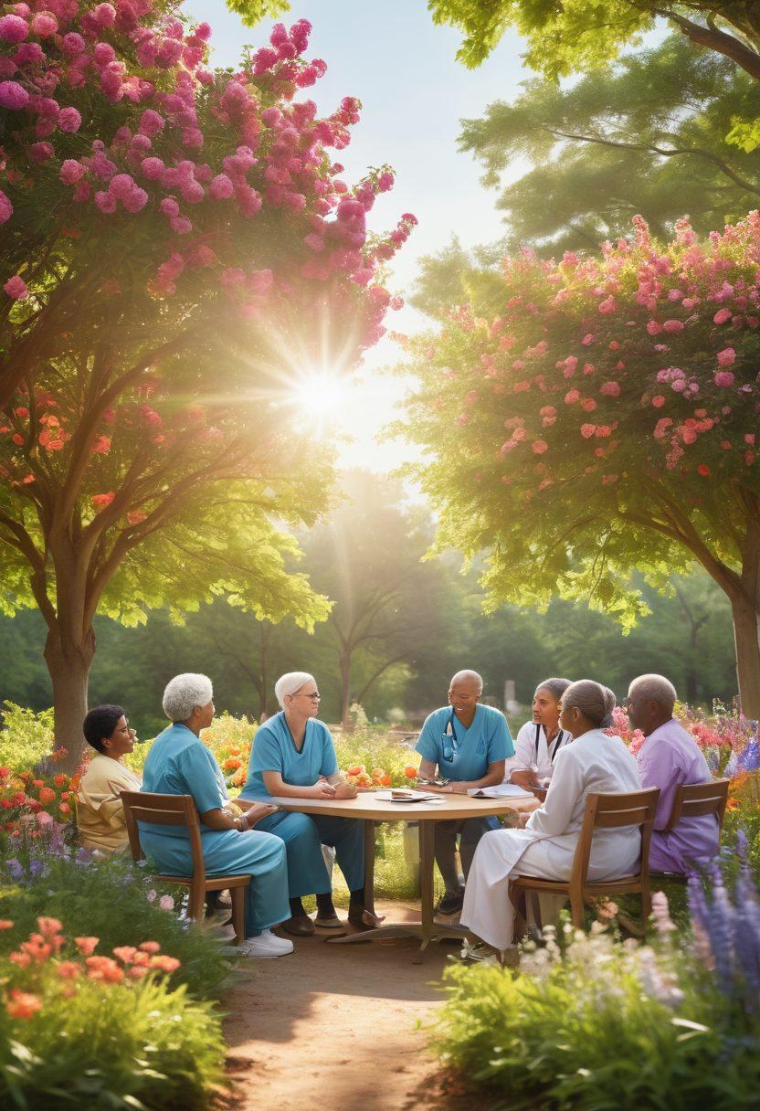A serene scene depicting a diverse group of cancer patients and healthcare professionals engaging in a supportive group discussion outdoors, surrounded by colorful flowers and greenery. The sunlight filters through the trees, symbolizing hope and healing. Infographics showcasing oncology updates subtly blend into the background. Emphasize a sense of community, empowerment, and resilience. super-realistic. vibrant colors. peaceful atmosphere.
